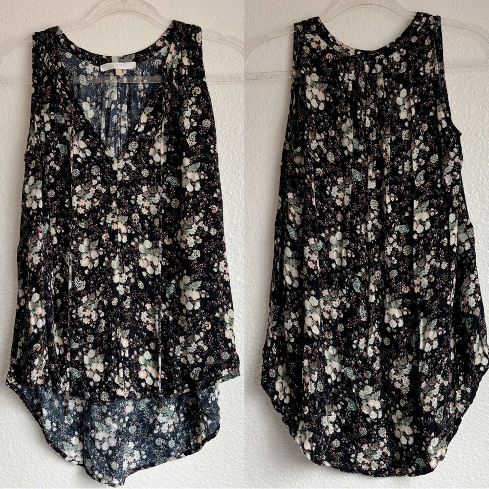 Wayf Black Pink Country Floral Boho Tassel Oversized Flowy Sleeveless Blouse